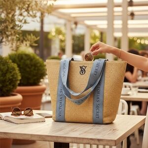 Victoria’s Secret Faux Straw Tote Beach Bag – Denim Logo Straps